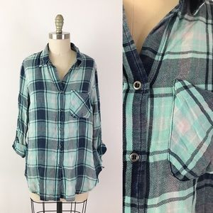 Stitch Fix Billy T Teal & Navy Plaid Flannel Shirt Button Adventurecore